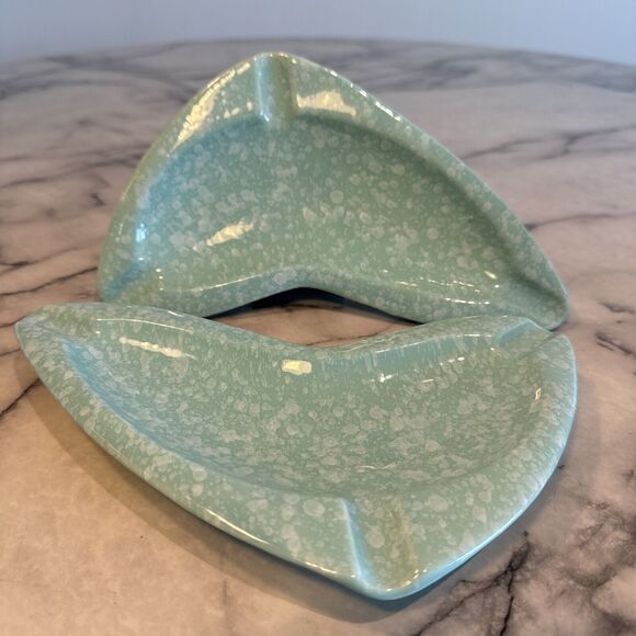 2 Vintage 1950's Shawnee Pottery Ashtray Stardust Turquoise Handmade Art Deco - Picture 13 of 13